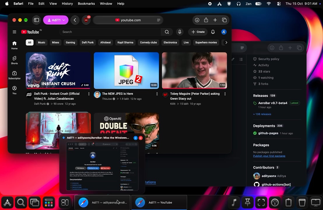 AeroBar on a Mac desktop with window tabs, live previews and the Aero Orb