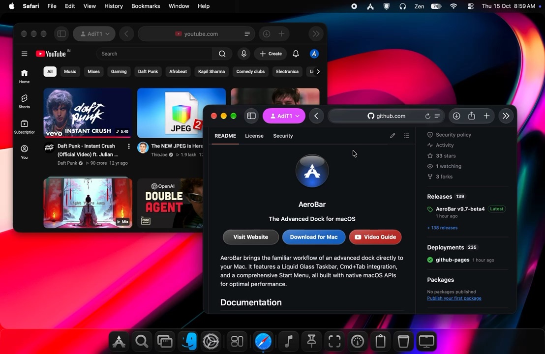 A floating glass bar with the Aero Orb, pinned apps and window tabs