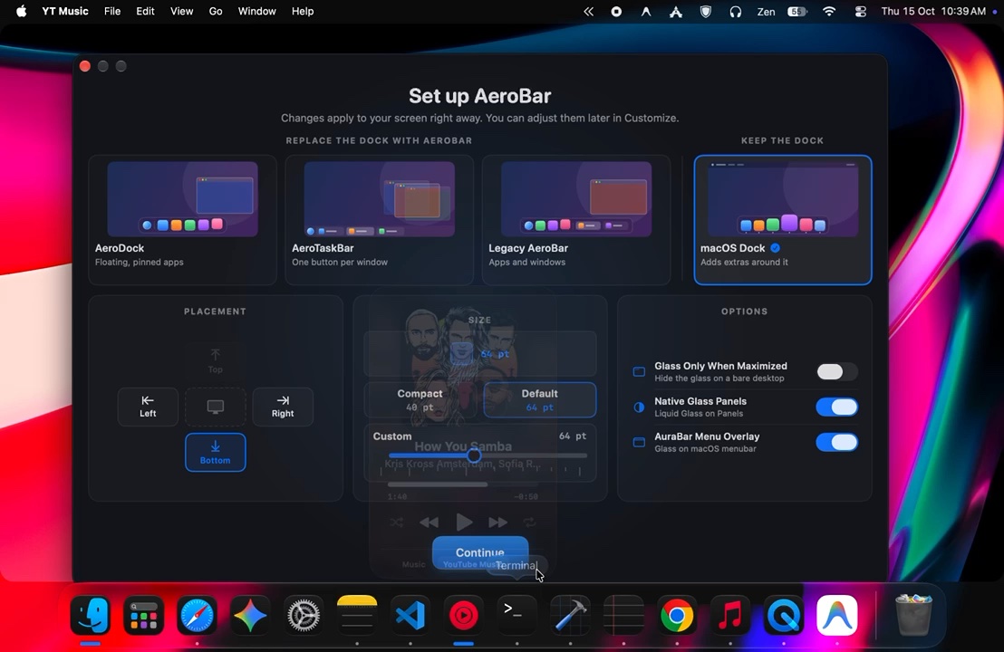 The real macOS Dock on a glass panel with a window preview and extension buttons