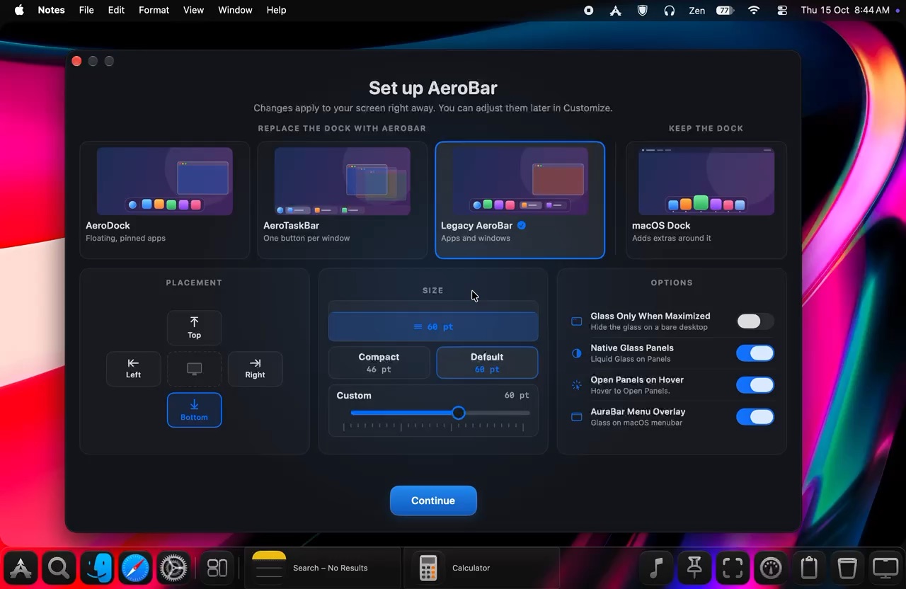 Pinned apps and open window buttons together in one bar
